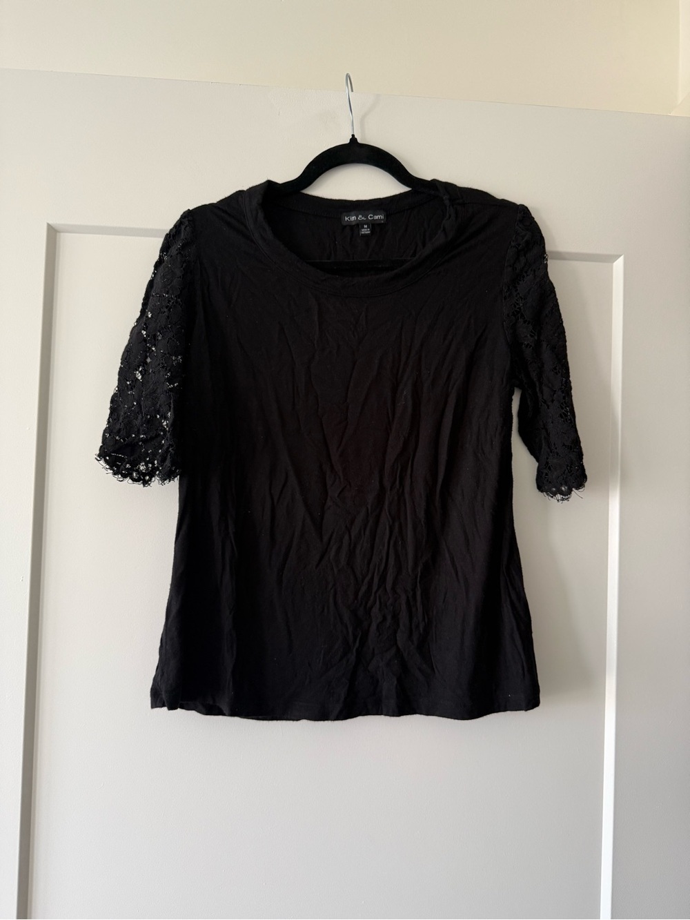 Kim & Cami Black Short Sleeve Top with Lace Sleeves